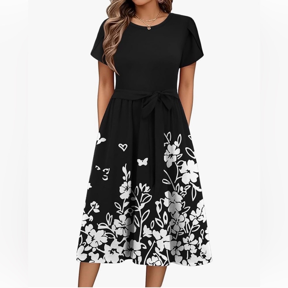 zeagoo Black & White Floral Midi Dress with Tie Waist